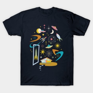 Mid Century Architecture in Space - Retro design in pastels on Navy by Cecca Designs T-Shirt